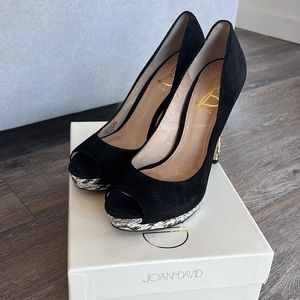JOAN & DAVID// black suede heels, peep toe with snake skin print